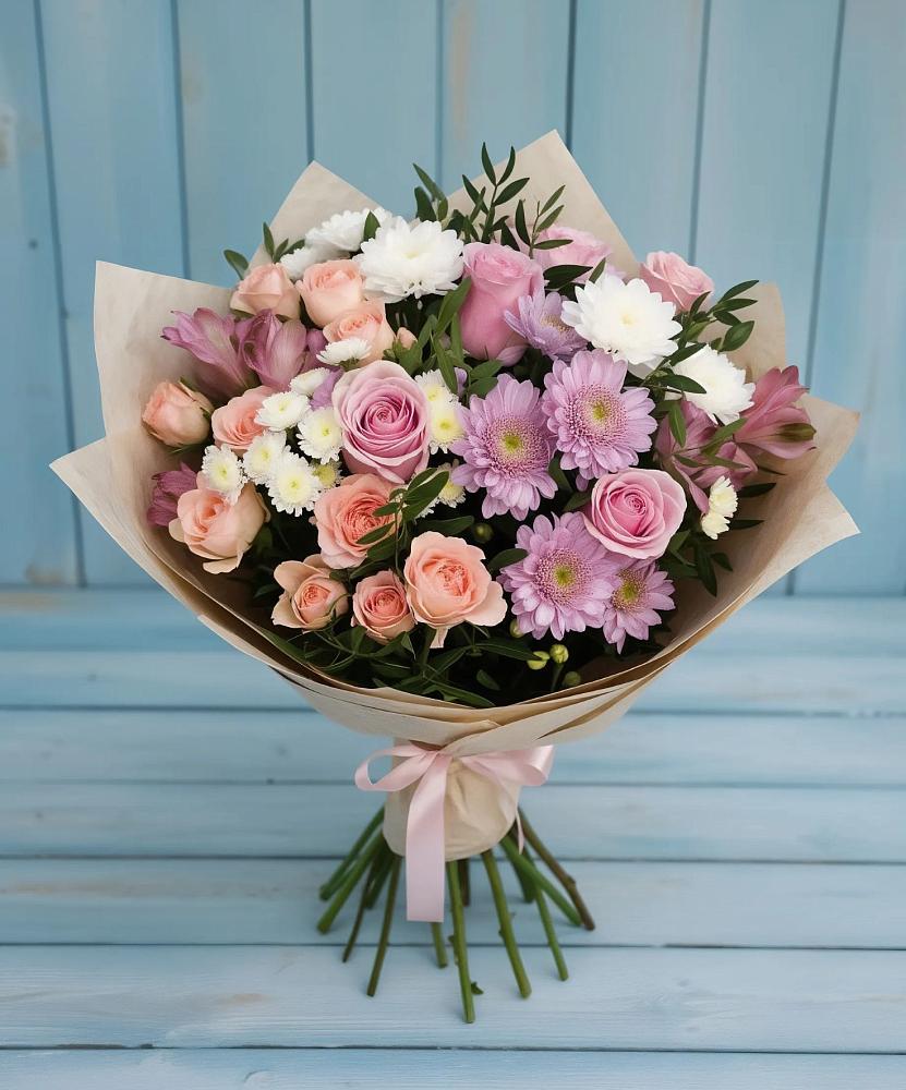Букет цветов из: Хризантемы, Розы и Альстромерии в Кайеркане