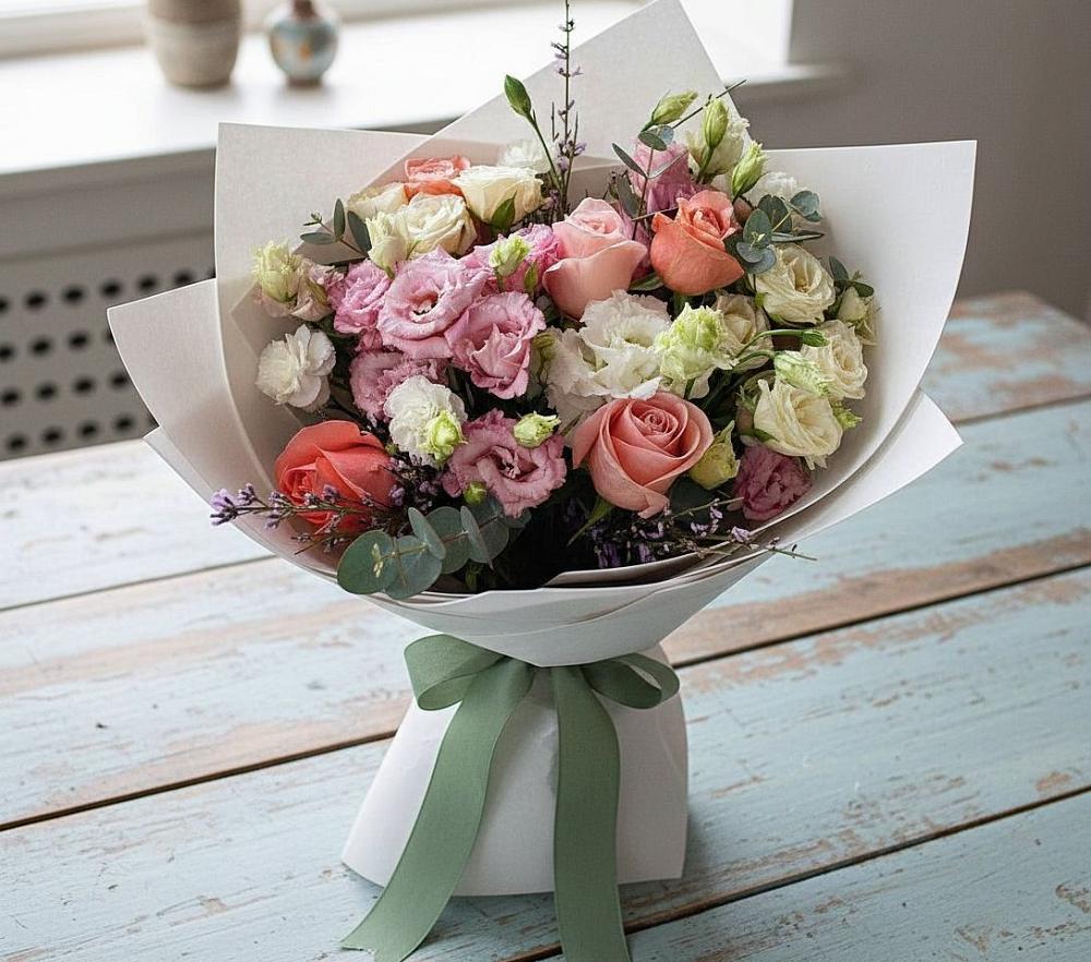 Букет цветов из: Розы, Лизиантусы и Гвоздики в Кайеркане