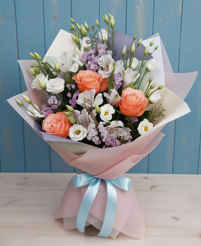 Букет цветов из: Лизиантусы, Розы, Альстромерии и Гипсофила в Кайеркане