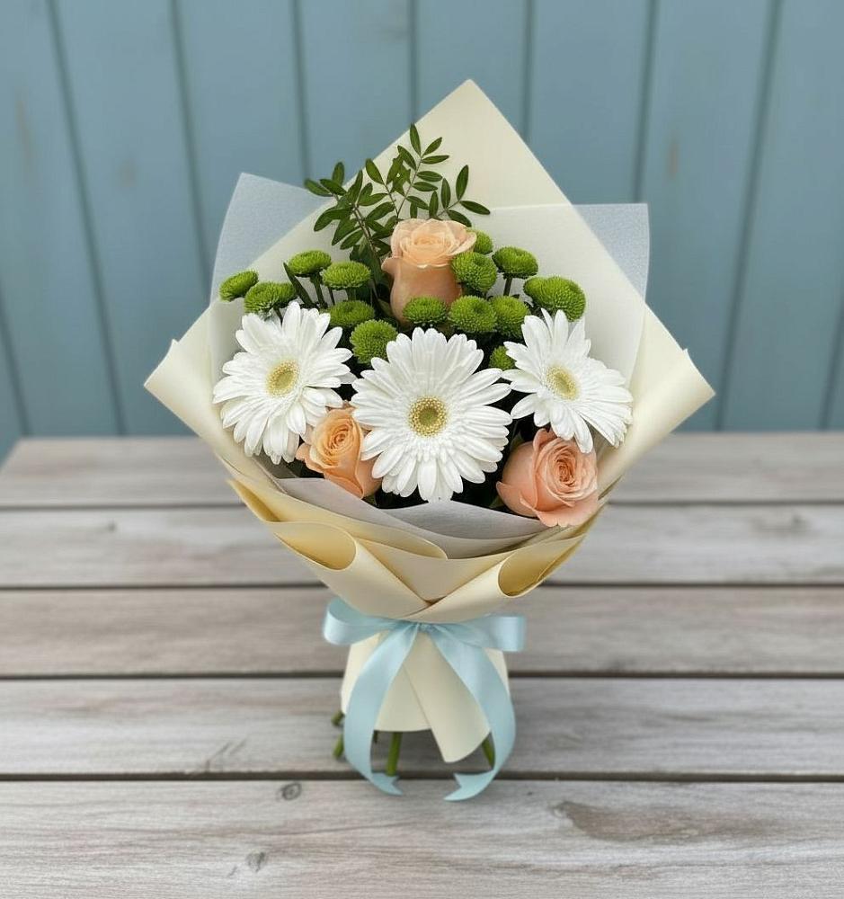 Букет цветов из: Герберы, Розы и Хризантемы в Кайеркане
