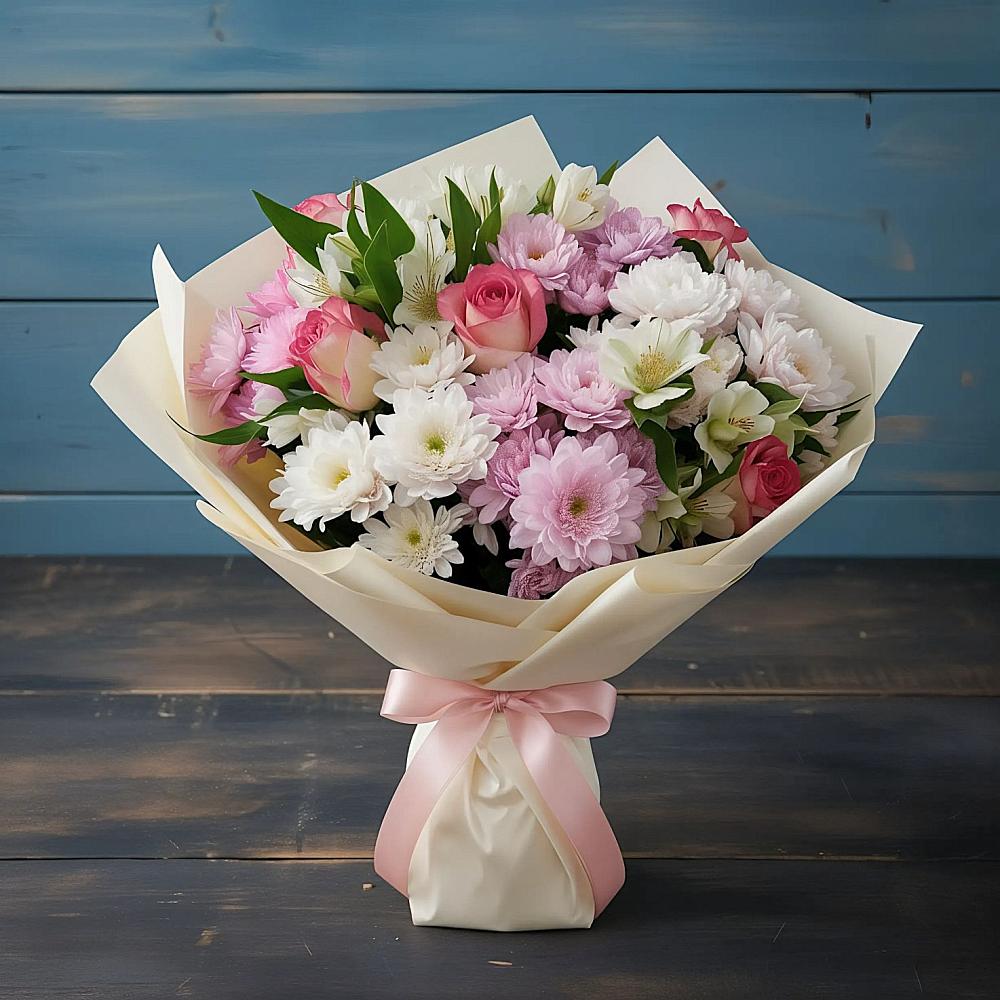 Букет цветов из: Хризантемы, Альстромерии и Розы в Кайеркане